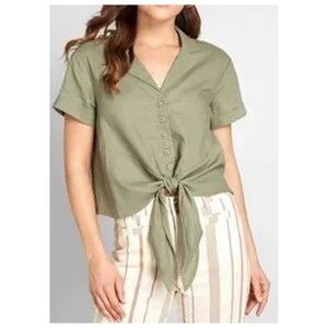 MODCLOTH Wisely Tied Button Up Front Tie Linen Blend Top